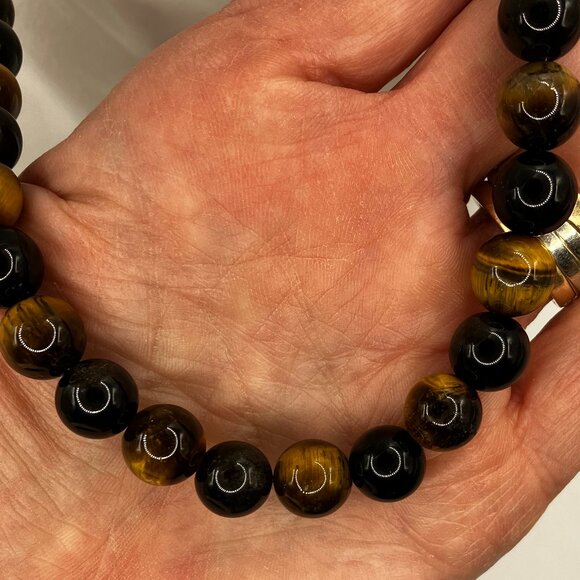 Men's Tiger Eye and Obsidian Genuine Gemstones 18.5 inch Choker Handmade NEW - Picture 10 of 13